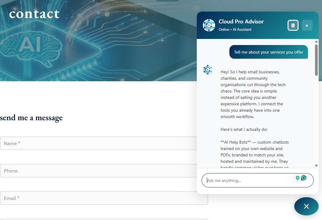 Cloud Pro Advisor chatbot on a website