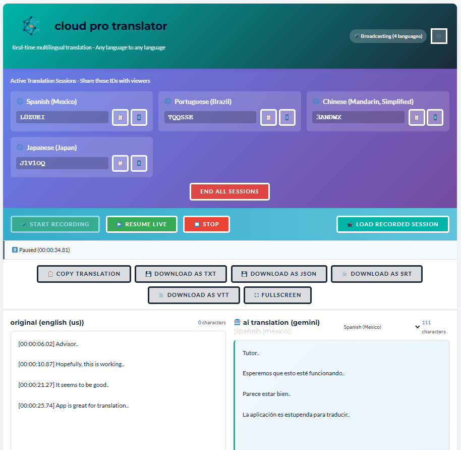 Cloud Pro Translator real-time speech translation